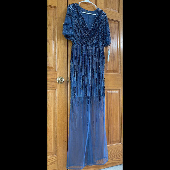 Women’s Formal Dress AIDAN MATTOX Size 10 Blue Beaded Short Sleeve AUTHENTIC NEW - Picture 7 of 11